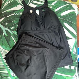Septangle black swim, two-piece bikini and swim skirt